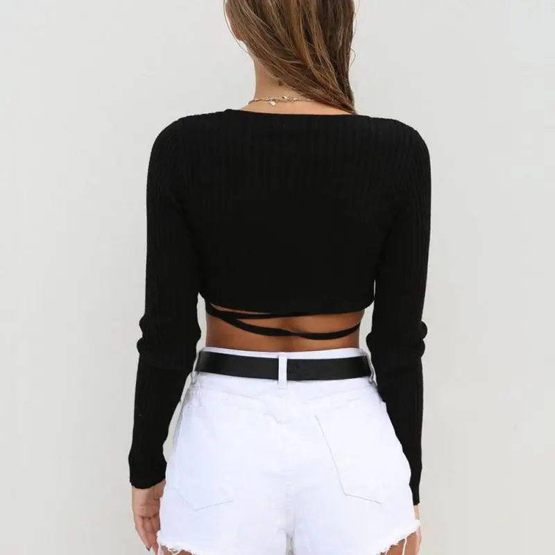 

Women Sexy V-Neck Cross Knitted Thin Sweater Stylish Long Sleeve Lace Up Pullover Female Casual Jumper Knitting Clothing