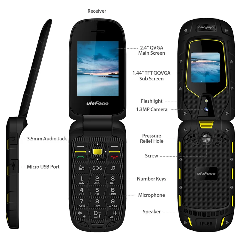 Ulefone бронированный флип IP68/IP69K водонепроницаемый мобильный телефон 1200 мАч