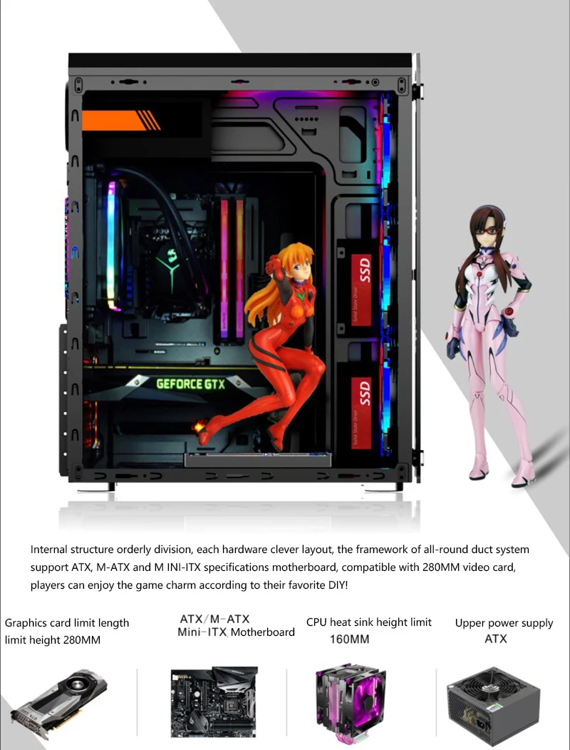 355*180*435 мм diy игровой компьютер RGB ПК Шасси в корпусе крышка боковое закаленное стекло геймер габинет computador ATX/micro-ATX/ITX