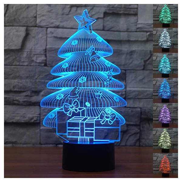 3D Illusion Night Lights 7 Colors Switch Automatically by Smart Touch Button Indoor Lamp Christmas Tree Black+Transparent | Лампы и