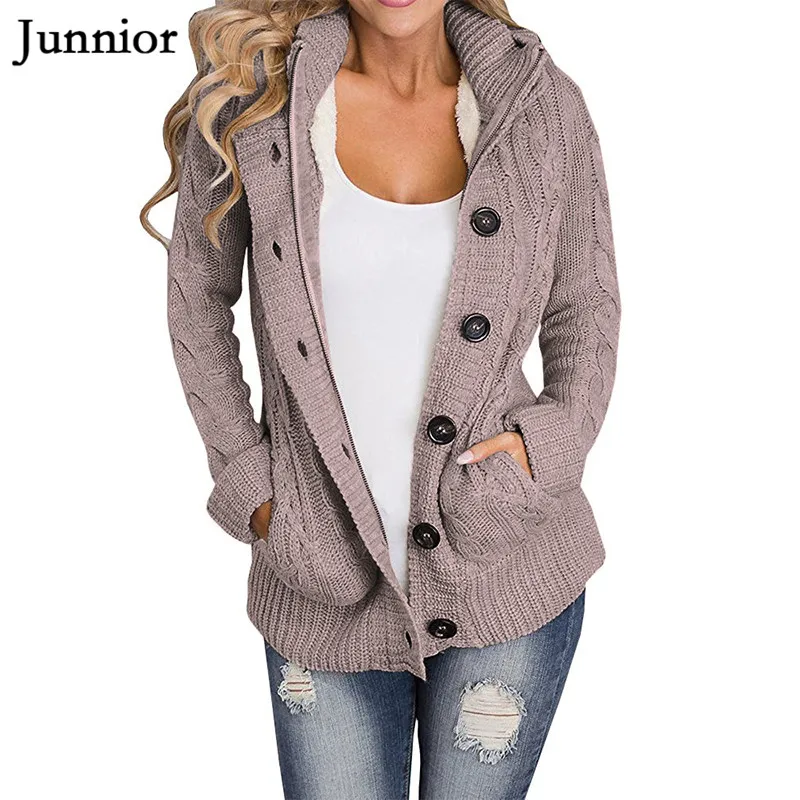 Womens Winter Cardigan Sweaters Cable Knit Open Front Hooded Button Down Sweater Coat Girls |