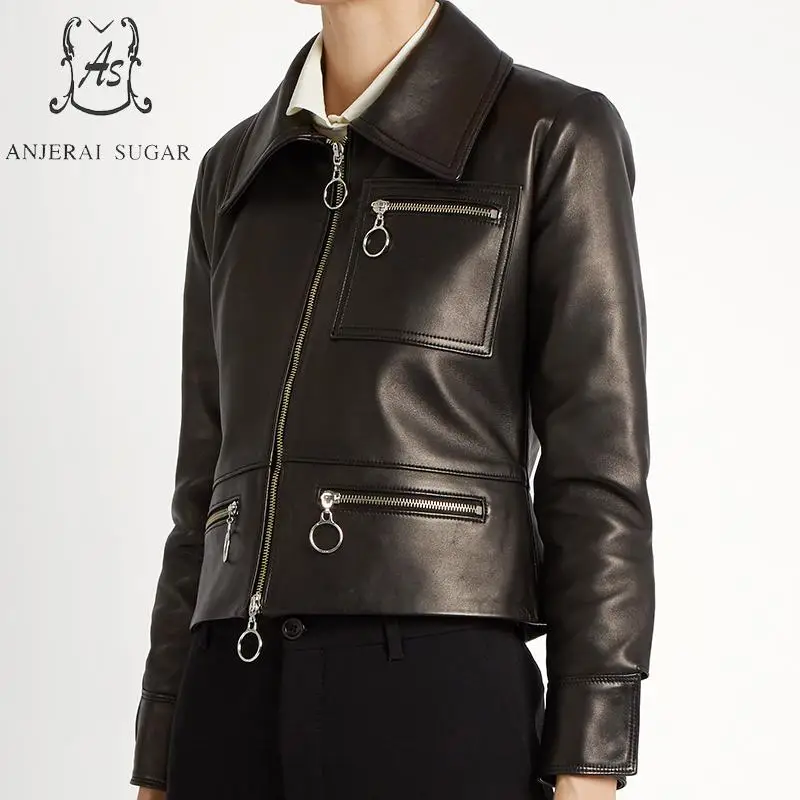 Женская короткая мотоциклетная куртка на молнии повседневная черная