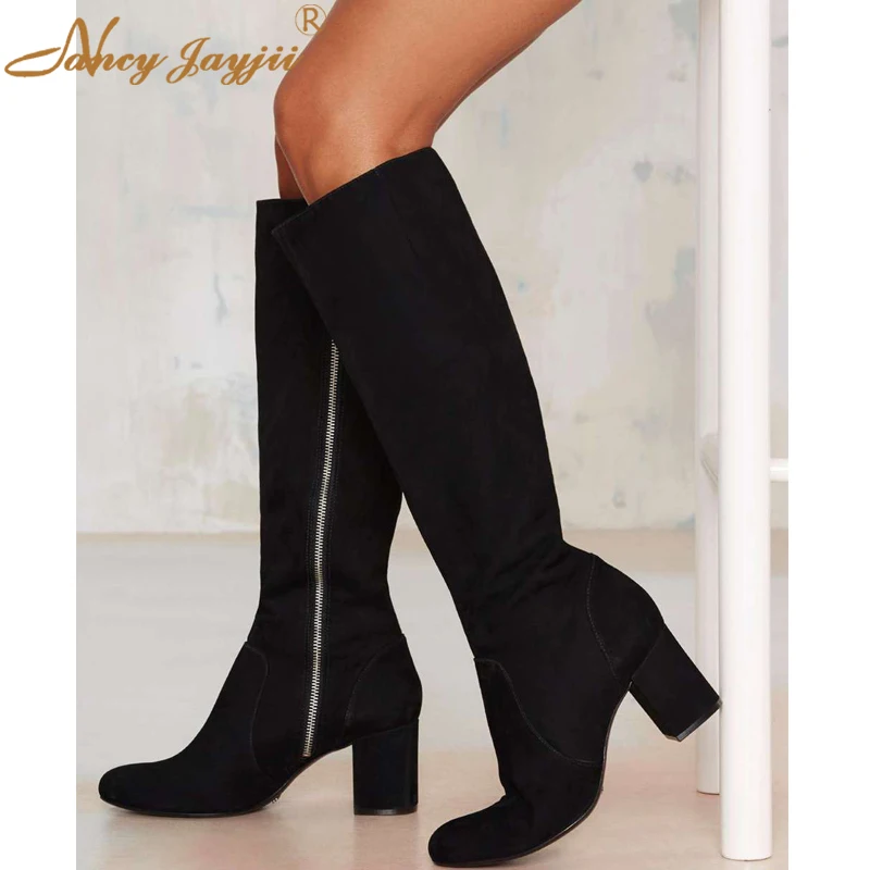 

Black Suede Round Toe Women High Heels Knee-High Boots Shoes Woman Career &Party Plus Size 5-14 Botas Mujer Winter Boots