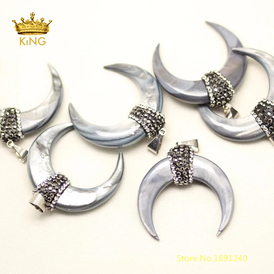 

10pcs Plated Silvery Grey Shell Moon Crescent Shape Charm Pendants Pave Rhinestone Crystal Zircon Shell for Mother's Day LX01-3