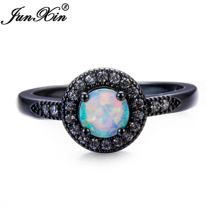JUNXIN New Retro Classic Black Gold Filled Ring Finger Accessories Round White Fire Opal AAA Zircon Female Wedding Party Gifts |