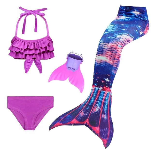 4pcs set Купальный костюм русалки для девочек; костюм для костюмированной вечеринки; купальный костюм русалки для маленьких детей; комплект бикини для детей; купальный костюм без монофина - Цвет: 4pcs set