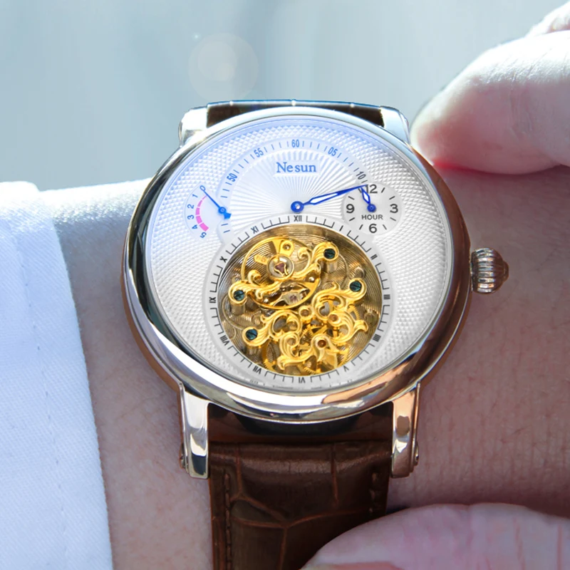 Роскошные NESUN мужские полые турбийон часы бизнес автоматические механические