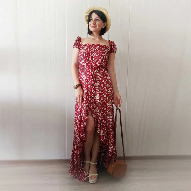 Sishot женские богемные платье 2017 Лето Осень вырос Цветочный Асимметричный принт с