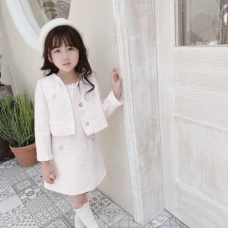 

Autumn Light Pink Fashion 2 Piece sets Sleeveless Dress + Long Sleeve Jacket girls clothing set