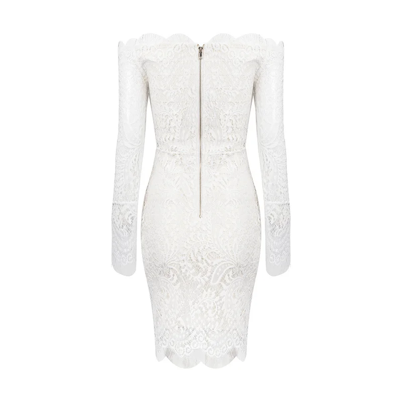 

High Quality Sexy Women Dress White Off The Shoulder Long Sleeve Lace Bandage Dress