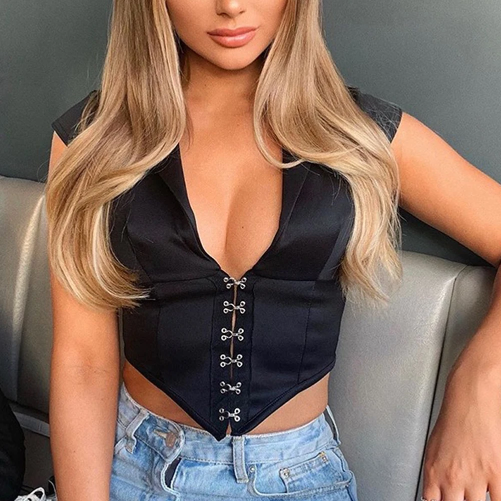 Sexy Satin Slik Crop Top Women Bow Sashes V Neck Sleeveless Cropped Backless cropped feminino Tank Bandage Tees | Женская одежда