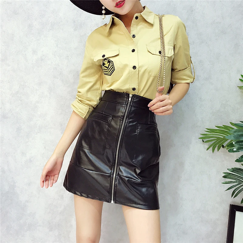 2017 Hot Sale Cotton Polyester Tracksuits Autumn New Women's Polo Shirt Embroidered Jacket Leather Skirt Suit Female Fashion | Женская