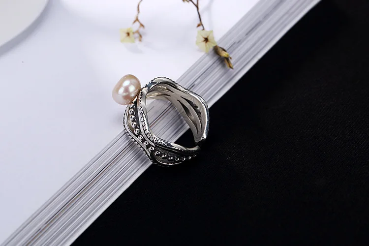 KJJEAXCMY jewelryar S925 чистого серебра, натуральный жемчуг, простой, в ретро-стиле с перфорацией и с открытым, кольцо на палец