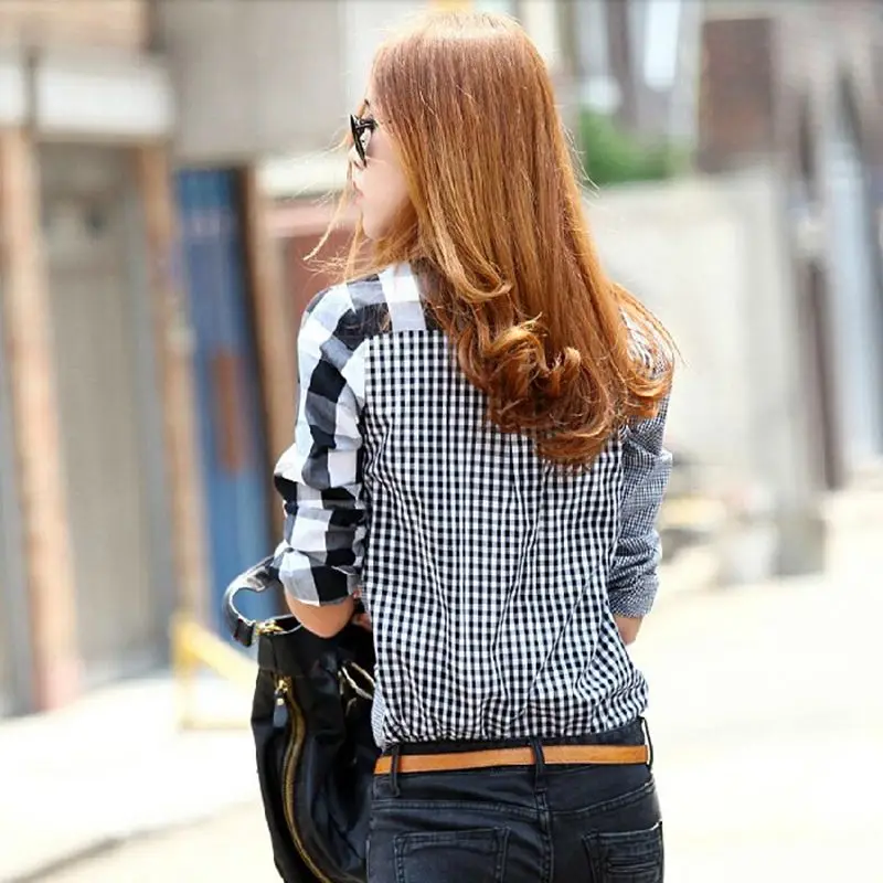 Женская шифоновая блузка с отложным воротником и длинным рукавом в клетку |