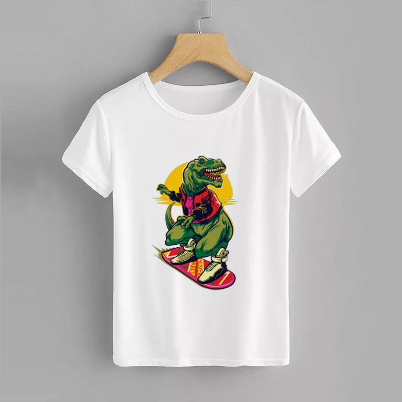 Dinosaur Print Children T-shirts Funny Boys Girls Summer Tops White Short Sleeve T Shirts Cartoon | Детская одежда и обувь