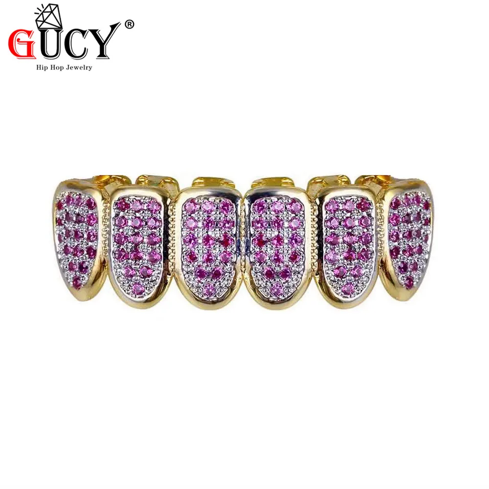 Gold Bottom GUCY Gold Hip Hop Teeth Grillz Micro Pave Fuchsia CZ Stone Iced Out Top&Bottom Grills Set Vampire Teeth Caps Mouth Jewelry Party - Окраска металла: Gold Bottom