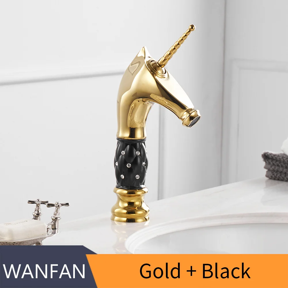 Gold And White Смеситель для раковины, уникальный модный кран для ванной комнаты с лошадиной головкой, черная латунь, на бортике, одинарная длинная ручка, смеситель для туалета 855755 - Цвет: Gold And White