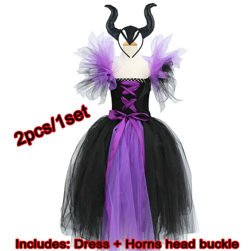 Maleficent of evil queen/юбка-пачка для девочек; платье с рогами; костюм ведьмы на Хэллоуин для костюмированной вечеринки для девочек; детский праздничный костюм