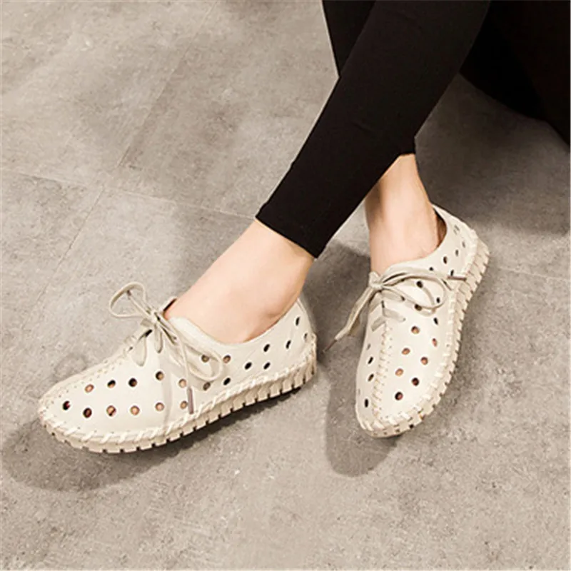 DRFARGO Summer Shoes Women Genuine Leather Loafers Hollow cutout Breathable Holes Soft Femme Chaussure Lace up Shoes 35-41 1605