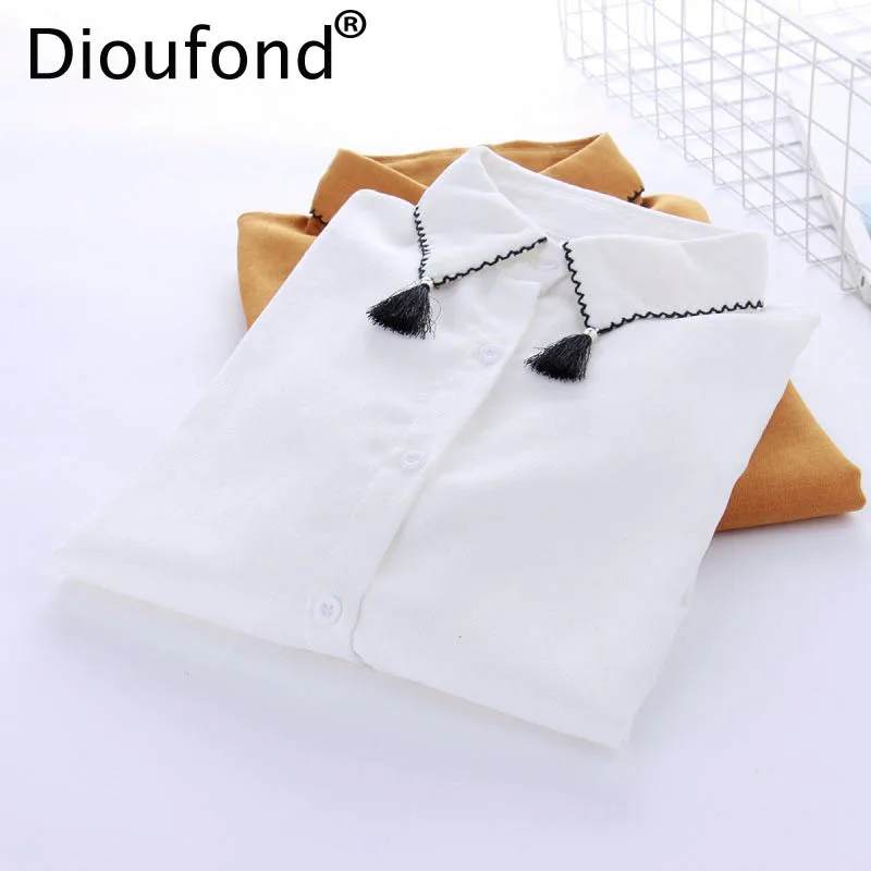 Dioufond Turn Down Collar Female Tops White Tassel Preppy Style Blouse Long Sleeve Shirt Solid Women Fashion Blouses 2018 Spring |