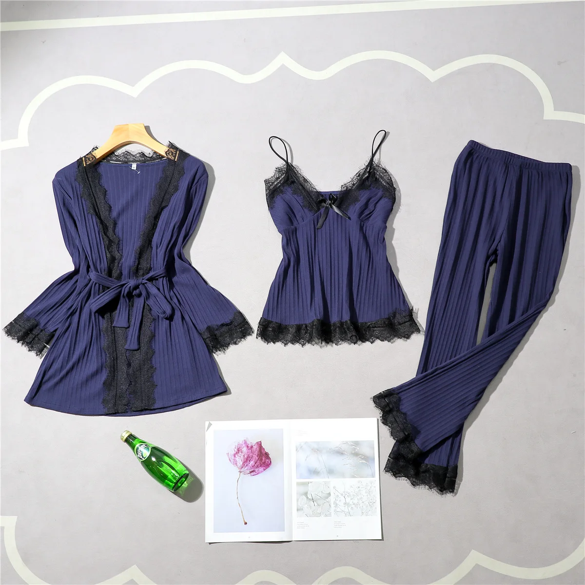 Повседневный розовый женский комплект из 3 предметов: Топ для сна и штаны халат