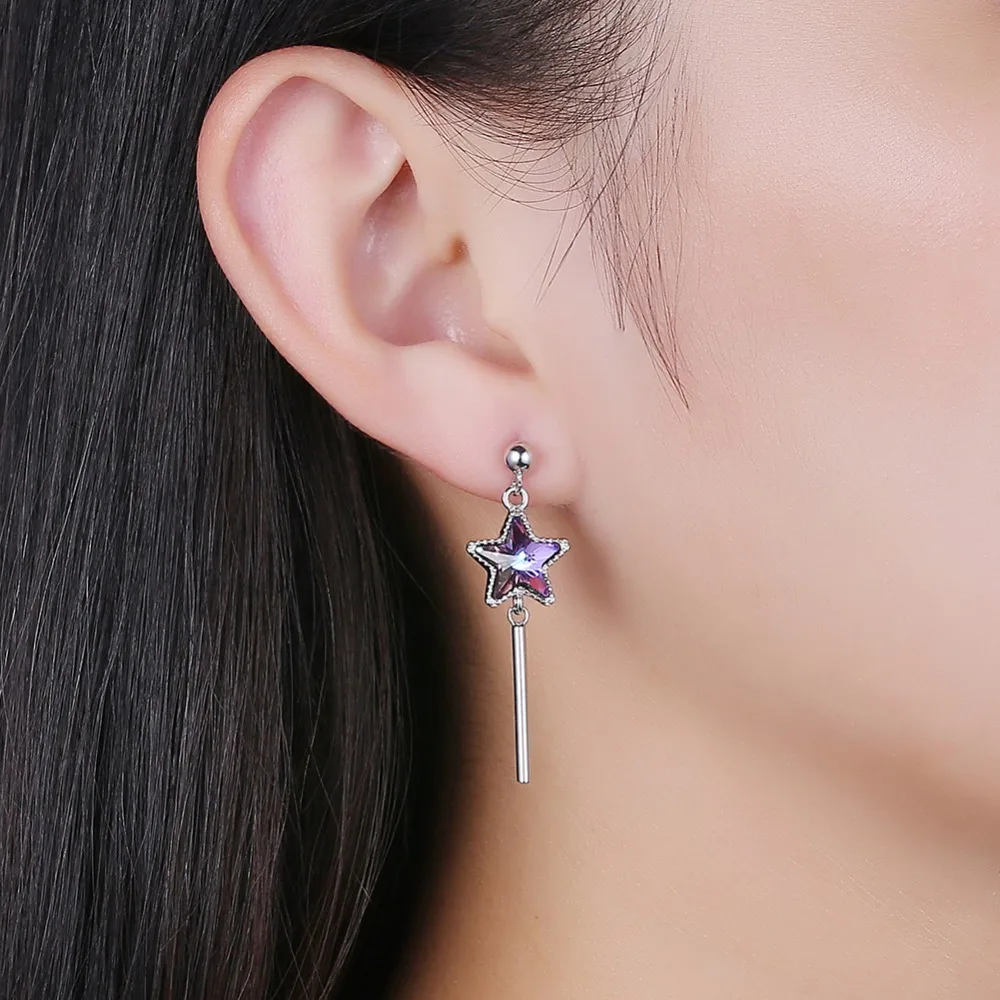 Женские асимметричные серьги Swarovski подвески с фиолетовыми звездами и жемчугом