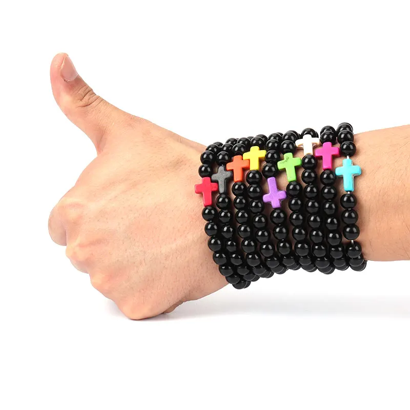 9 colors 8mm artificial crystal black light cross bracelet religious charm jewelry man woman handmade guard peace | Украшения и