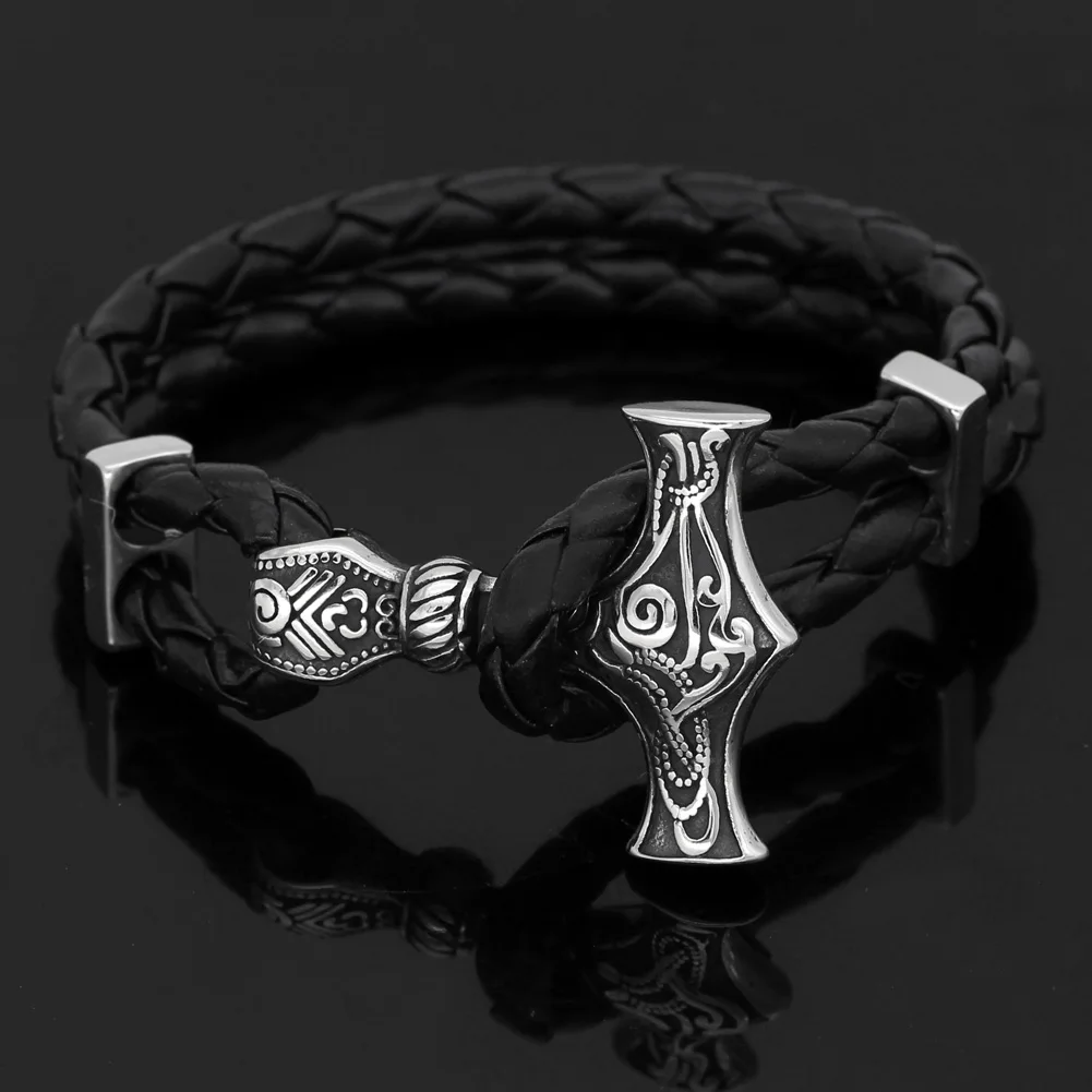 Мужской браслет Молот mjolnir скандинавский Викинг с подарочной сумкой valknut из кожи