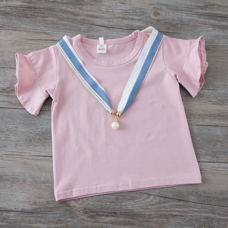 SHOWHASH Summer Baby Girl Clothes Kids Butterfly Short Sleeved Cute Sets T-shirt With Pearl + Stripped Bow Pants XA1002 | Детская одежда