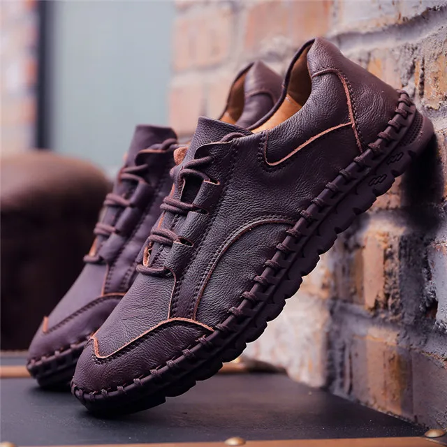 Brown Shoes Merkmak/Новинка; Мужская обувь из натуральной кожи; летние модные повседневные лоферы с машинным швом; Повседневная мягкая удобная мужская обувь на плоской подошве - Цвет: Brown Shoes