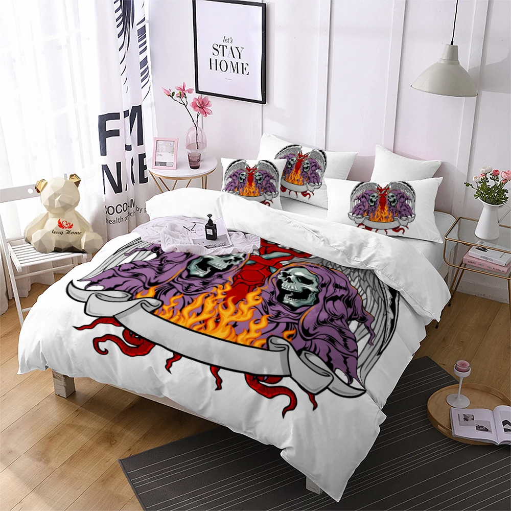 Комплект постельного белья с черепом Fire Queen/King Size принтом ангела 3 шт. черный