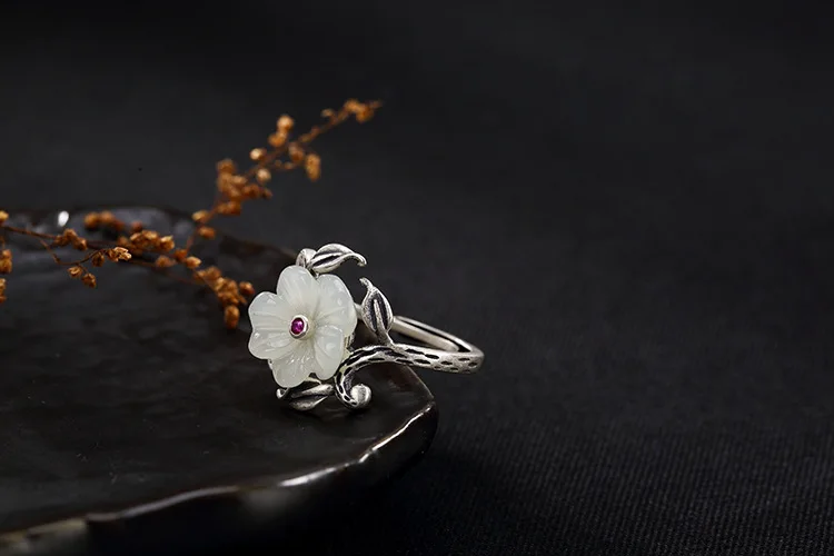 KJJEAXCMY Boutique jewelry S925 Sterling Silver Antique inlay and jade white plum blossom lady high-end open ring | Украшения и