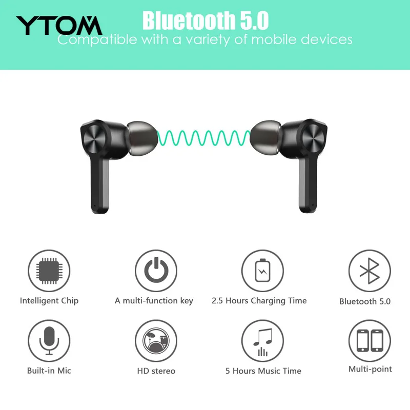 Лучшие беспроводные наушники Touch YTOM True Bluetooth 5 0 H время прослушивания музыки мини