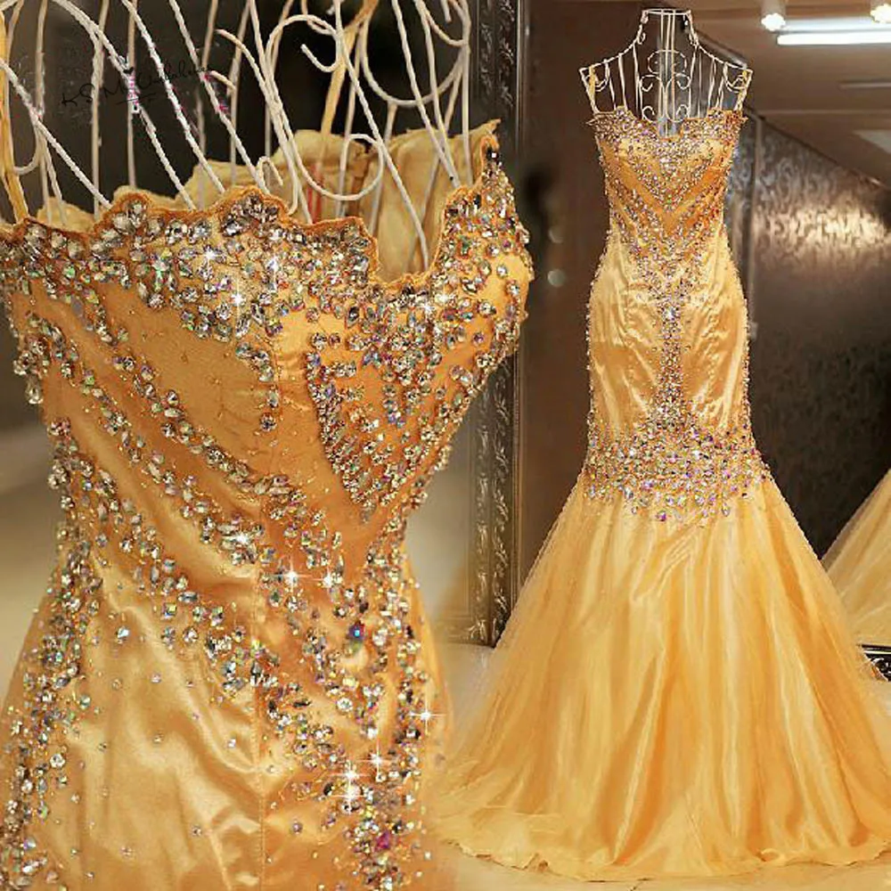 

Crystals Gold Long Evening Gowns Women Pageant Dress Sweetheart Vestido de Festa Mermaid Luxury Prom Dress Special Occasion Gown