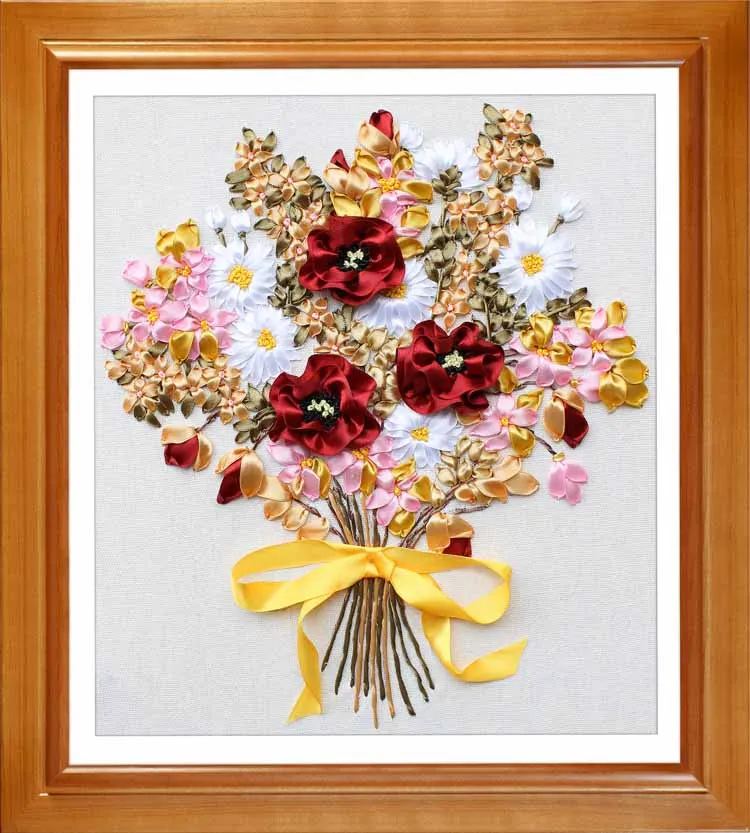 Красный букет шелковая лента вышивка комплект ручной работы кросс Вышивка