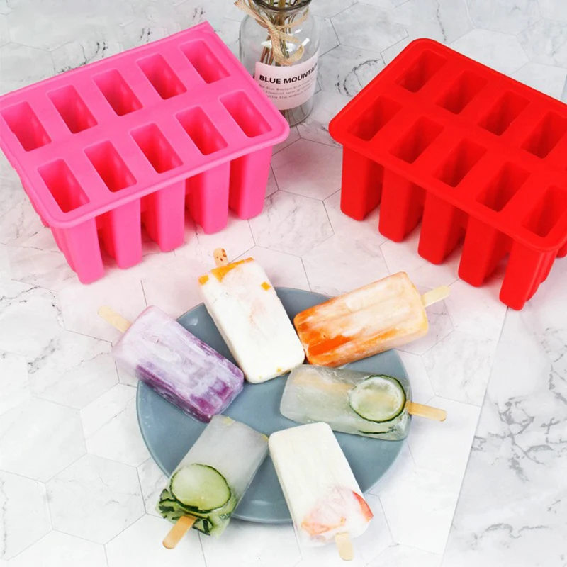 10 Cavity Ice Cream DIY Mold Makers Silicone Thick material Simple Molds Cube Chocolate Dessert Tray With Popsicle | Дом и сад