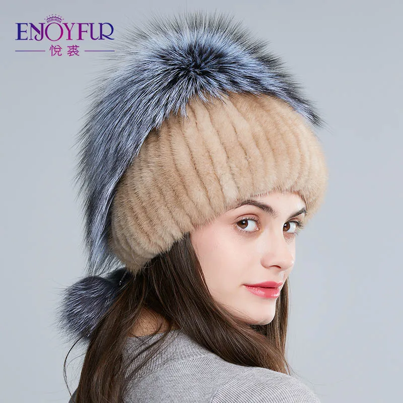 Женская шапка бини ENJOYFUR, русская шапка из натурального меха норки с помпонами из натурального меха чернобурки на зиму - Цвет: 10Y