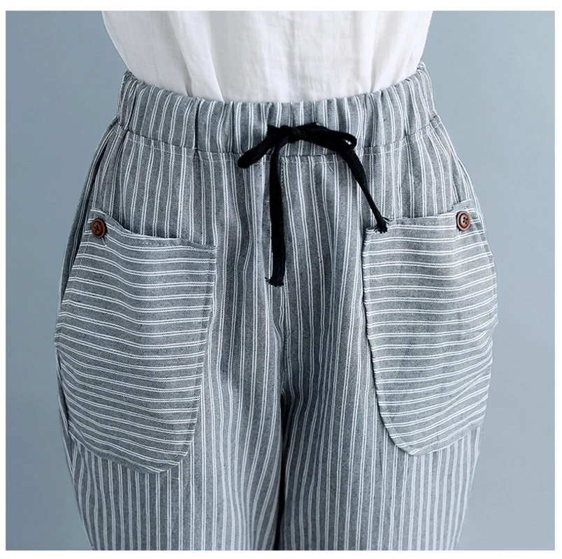 BJY 2019 new women's summer striped color matching nine pants casual loose fashion high waist elastic band XL harem | Женская одежда