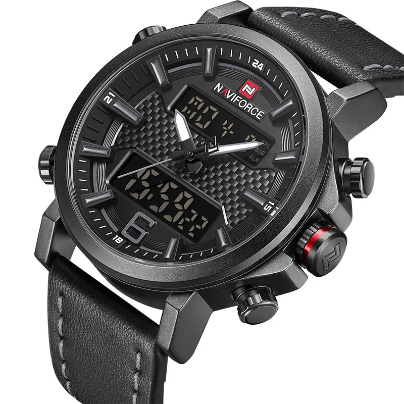 Black Grey NAVIFORCE мужские спортивные часы мужские кварцевые светодиодный цифровые часы лучший бренд класса люкс мужские модные кожаные водонепроницаемые военные наручные часы - Цвет: Black Grey