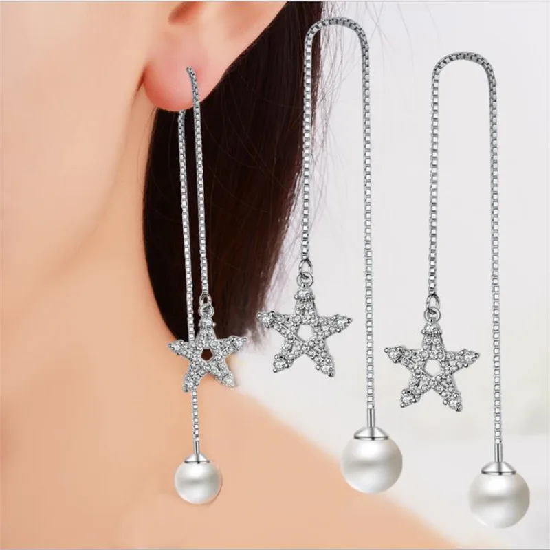 

LUKENI Luxury Crystal Star Tassel Earrings Jewelry Pearl Girl Fashion 925 Sterling Silver Earrings For Women Party Accessories