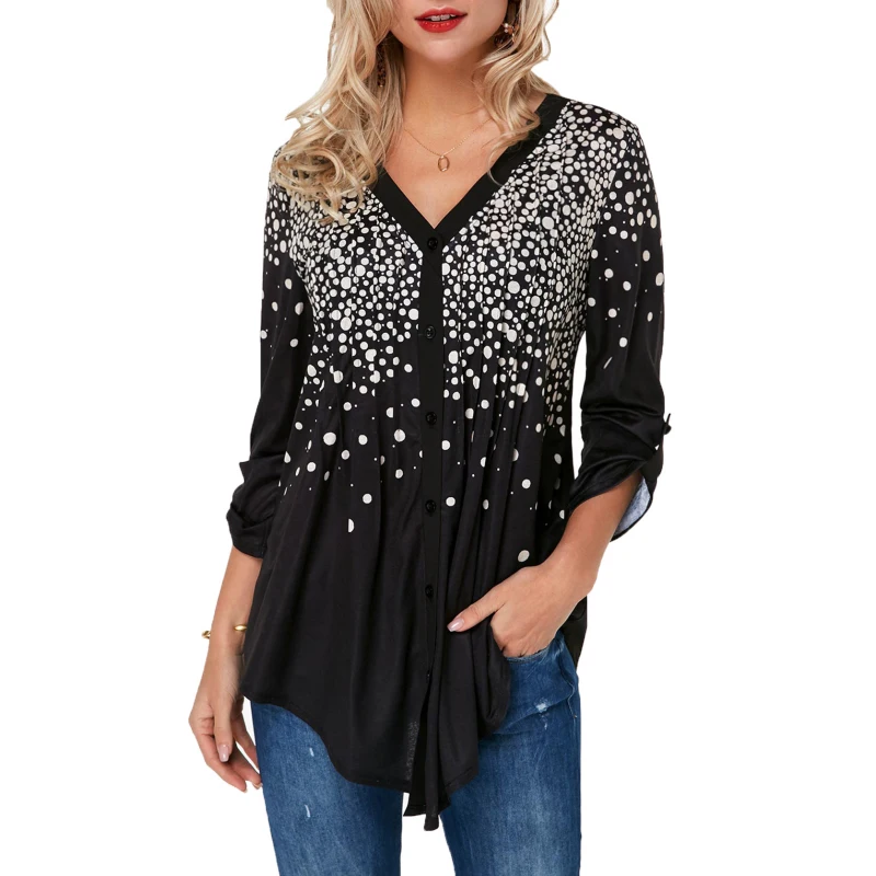 Новая мода Винтаж длинный рукав горошек печати плиссированные V шеи женские