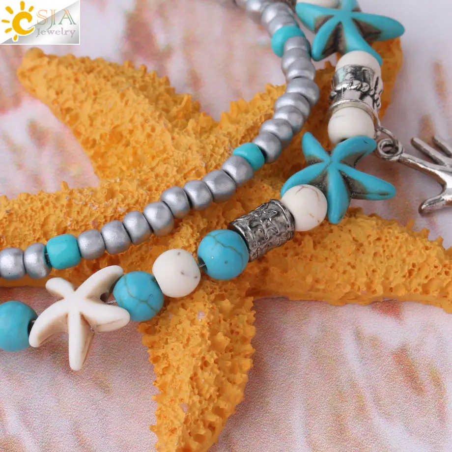 CSJA Trendy Anklets for Girlfriend Double Beaded Starfish Shell Heart Hand Charms Anklet Summer Foot Chain Jewelry Cheville F892 | Украшения