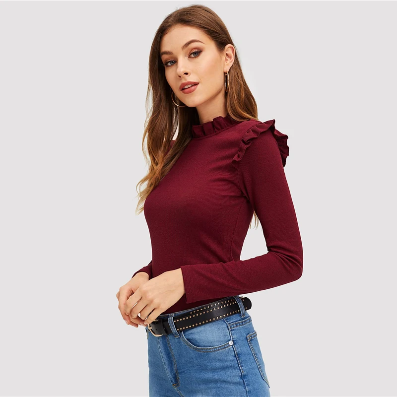 Dotfashion, бордовая, с оборкой, одноцветная, с длинным рукавом, футболка, женская, повседневная, осенняя, стоячий воротник, топы, тонкая, подходит, одежда, простая футболка