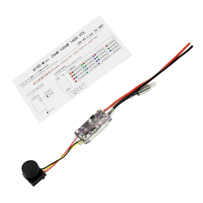 

Q100-MINI 5.8G 16CH VTX+Camera 25mW / 100mW Switchable 7v-18v Image Transmission for FPV Racing Drone