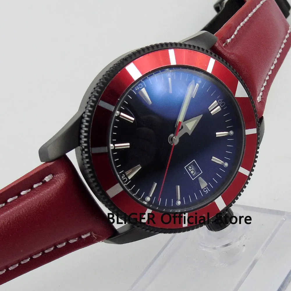 BLIGER 46MM Black Sterile Dial Red Rotating Bezel Small Second Hand Men's Watch Automatic Movement Wristwatch Luminous 128 |