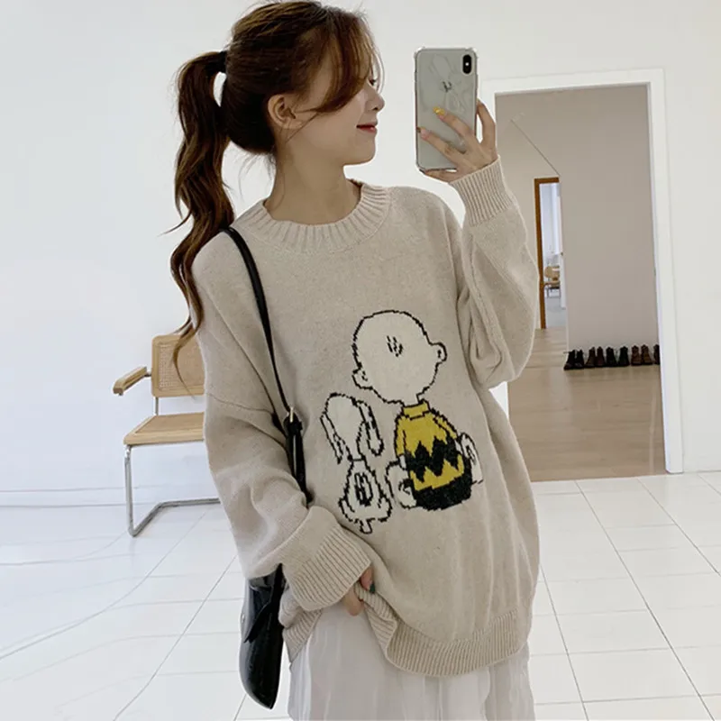 Корейская мода Kawaii мультфильм шаблон свитер женский Осень Зима o-образным вырезом свободный вязаный пуловер свитер размера плюс Трикотаж Топы