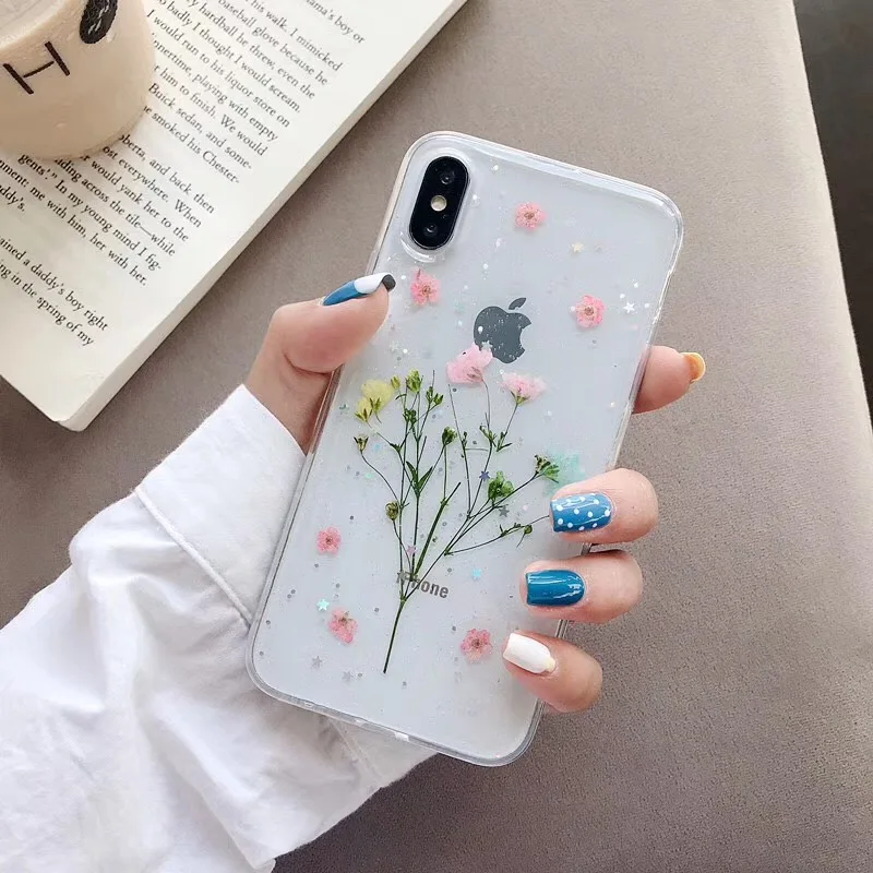 Чехол с высушенными настоящими цветами для iPhone X XS Max XR 6 6S 7 8 Plus прозрачная