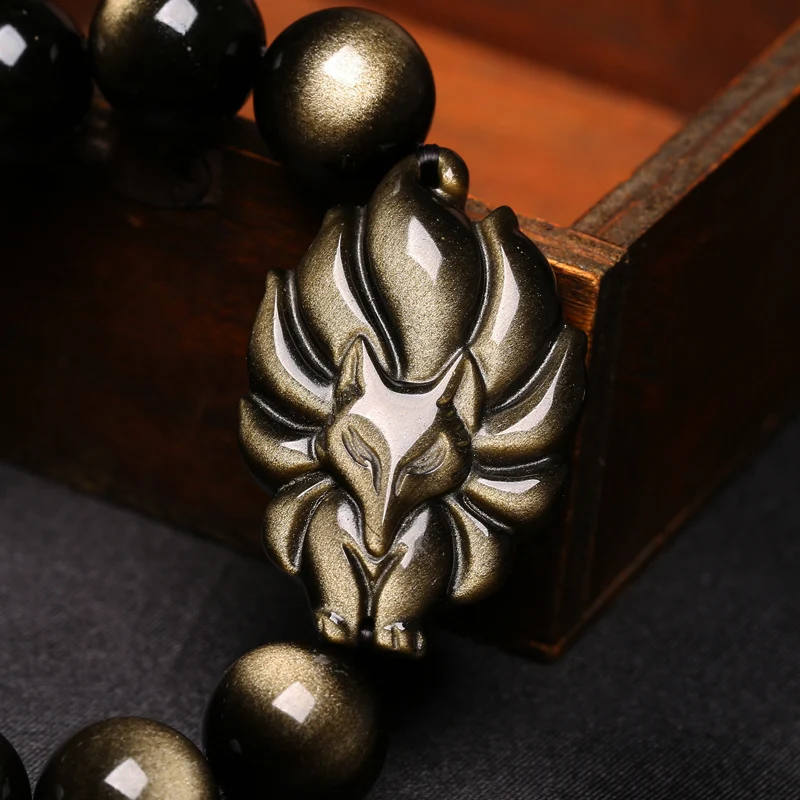 Натуральный камень Золотой обсидиан Strand Fox beads браслет и браслет ювелирные изделия 8-16 мм Nine-Taile круглые бисерные браслеты для женщин/мужчин