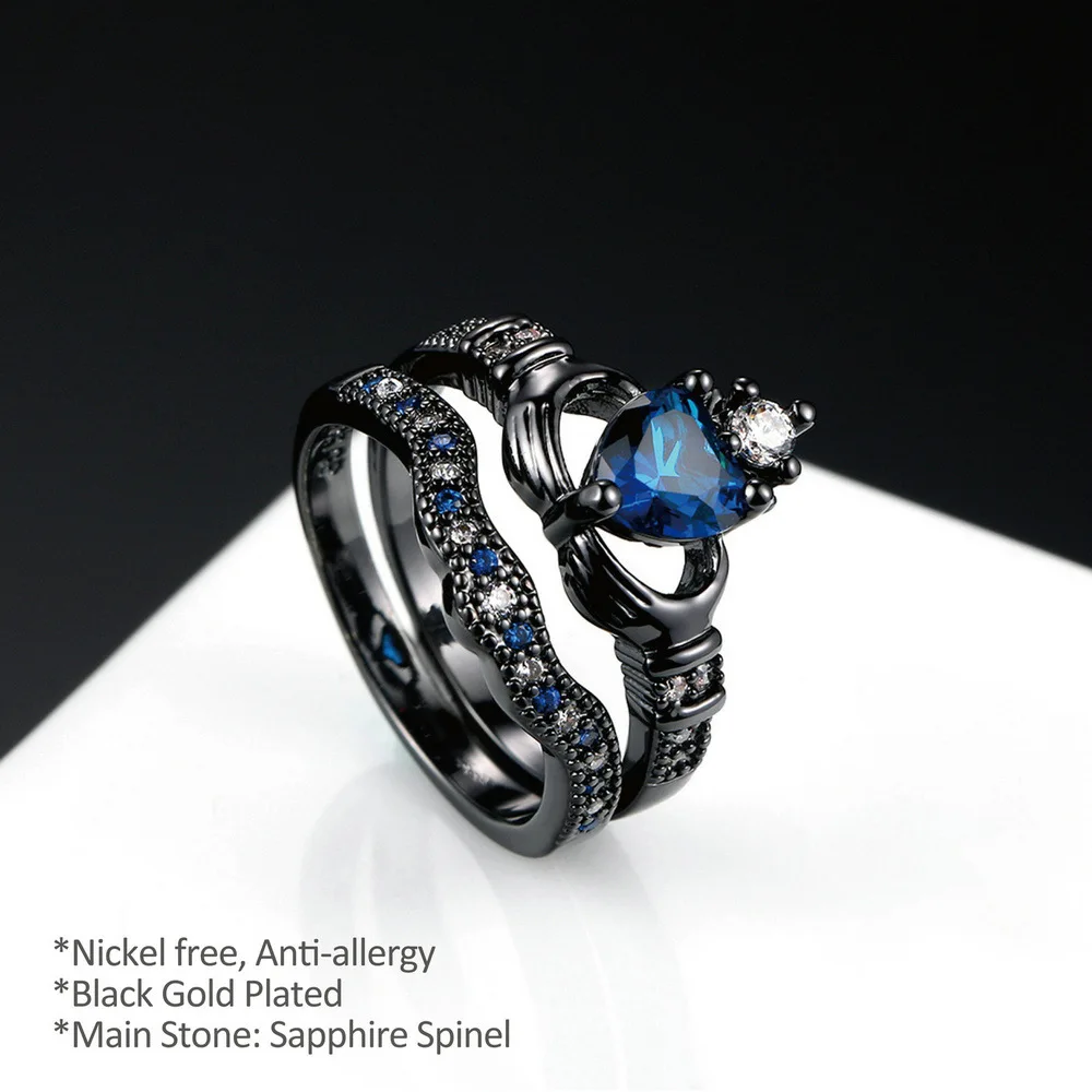 Женское кольцо с кристаллами циркония черный и синий цвета|crystal rings for women|claddagh