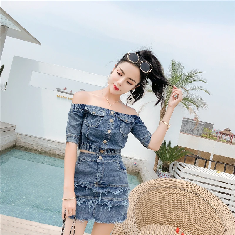 Лидер продаж кроп топы + Юбки Женский комплект 2 шт. модный короткий рукав из